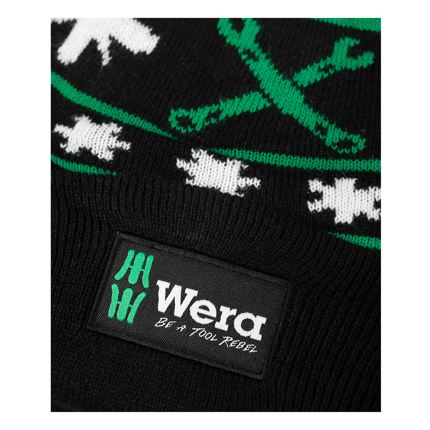 Wera Tool Rebel Shop Bommelmütze mit Wera Logo und gestricktem Werkzeugmuster Detailaufnahme