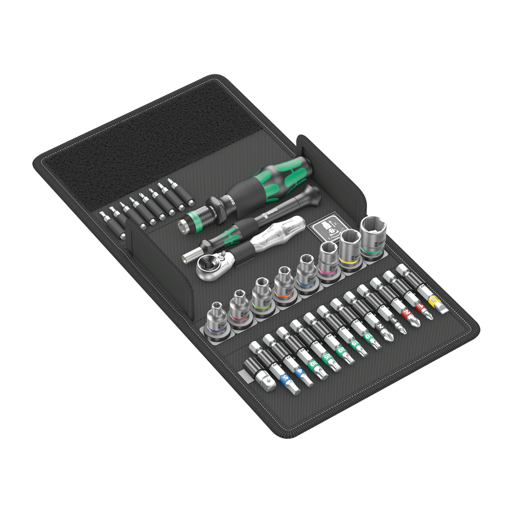 Wera Tool Rebel Haushalt Set 2 Werkzeug einsortiert in die aufgeklappte Tasche