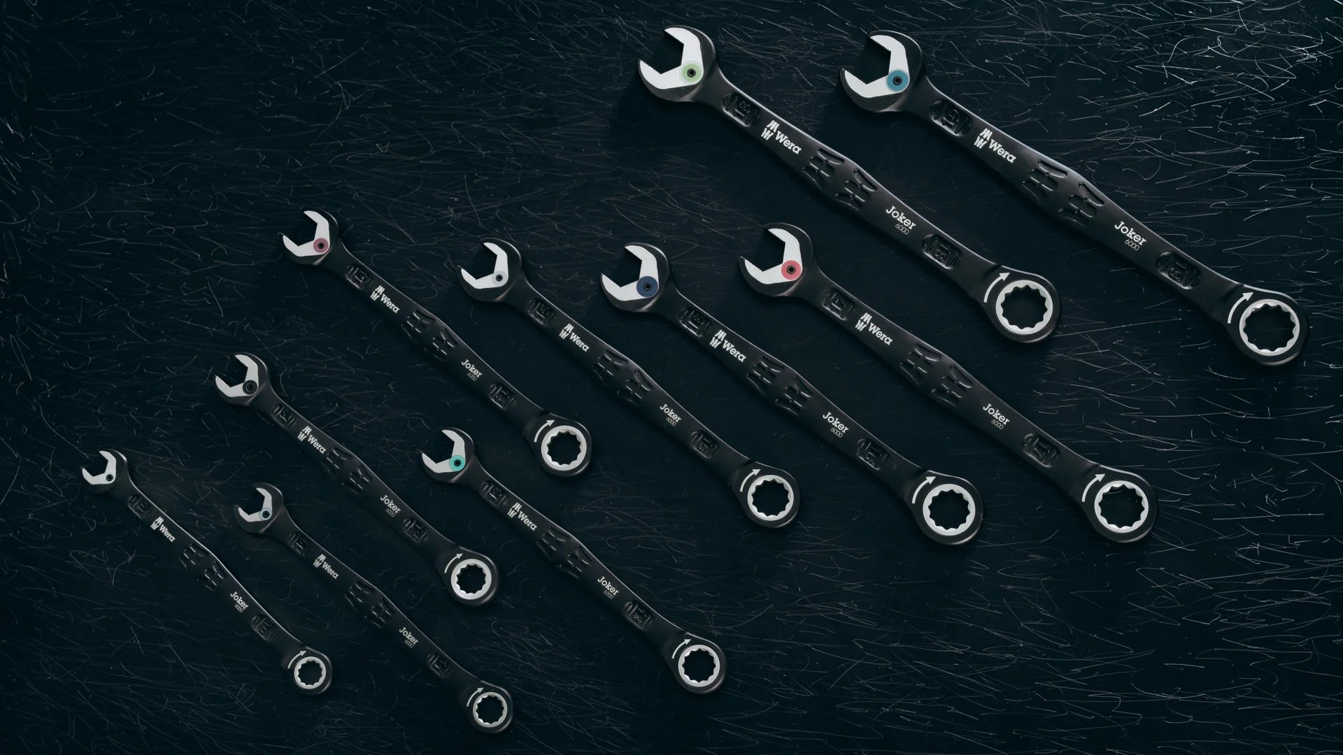 Wera Tool Rebel Shop Ansicht Joker Maulschlüssel Black edition liegend und aufgereiht 