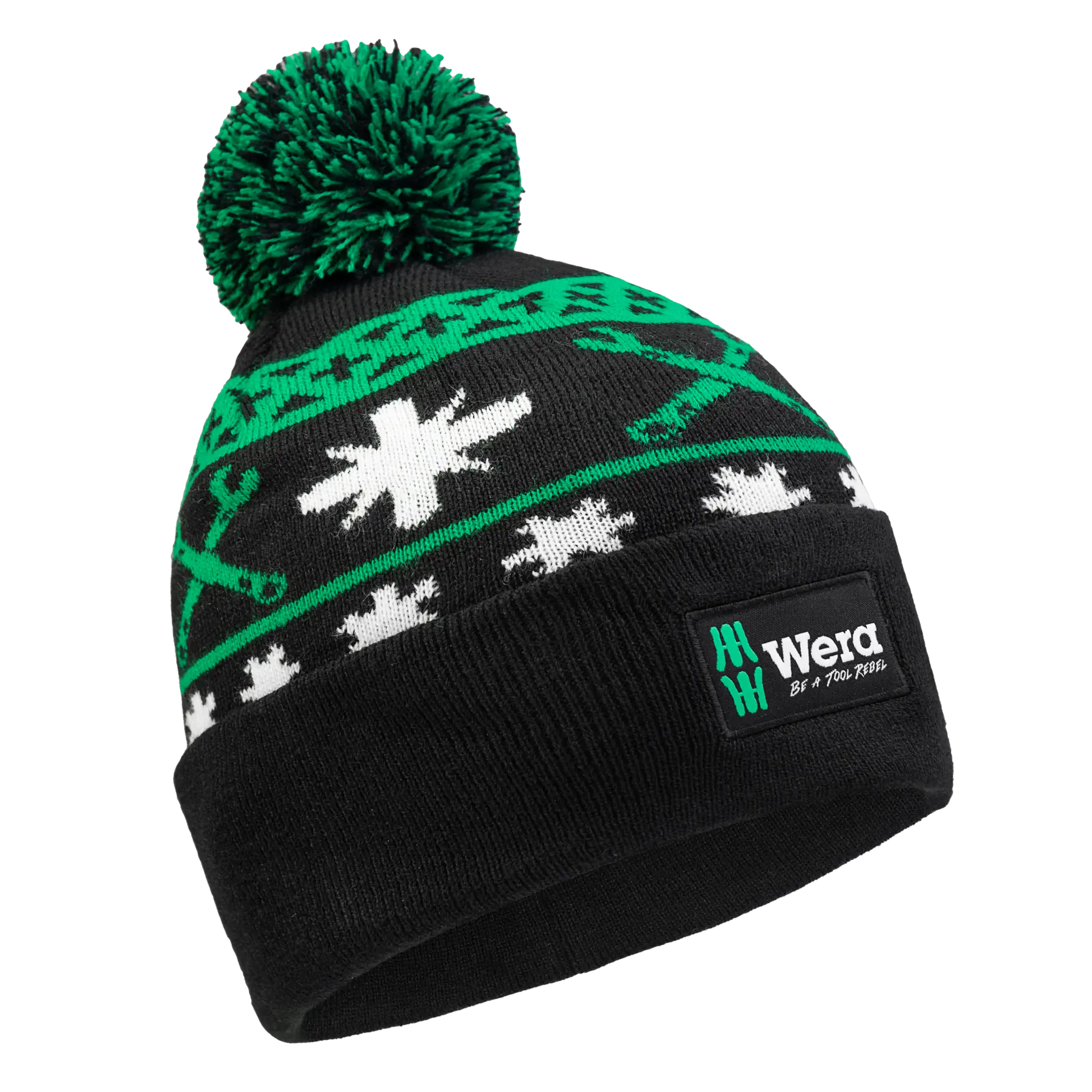 Wera Tool Rebel Shop Bommelmütze in Schwarz-Grün mit Wintermotiv Schrägansicht