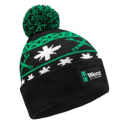 Wera Tool Rebel Shop Bommelmütze in Schwarz-Grün mit Wintermotiv Schrägansicht