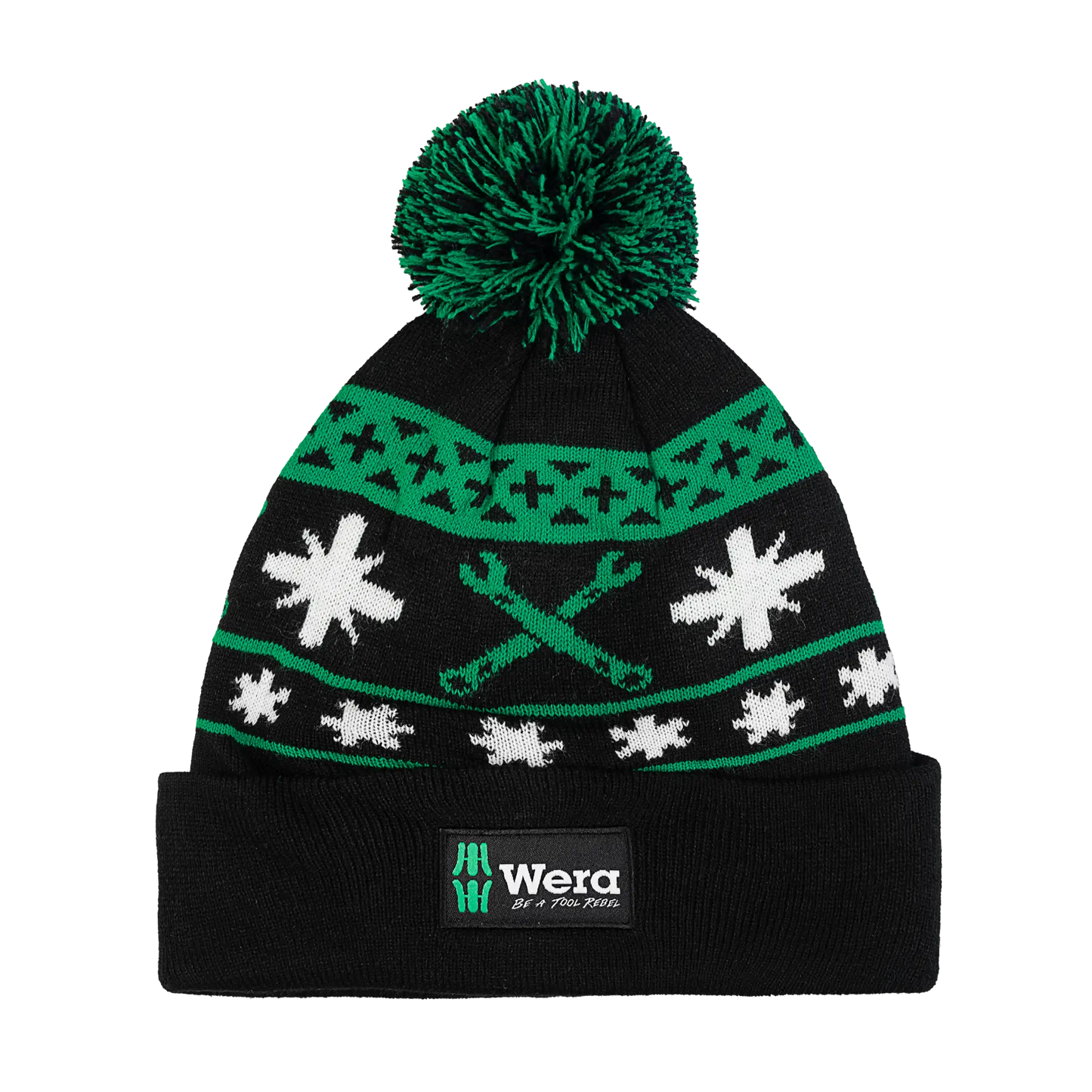 Wera Tool Rebel Shop Bommelmütze in Schwarz-Grün mit Werkzeug und Schneeflockenmuster Vorderansicht