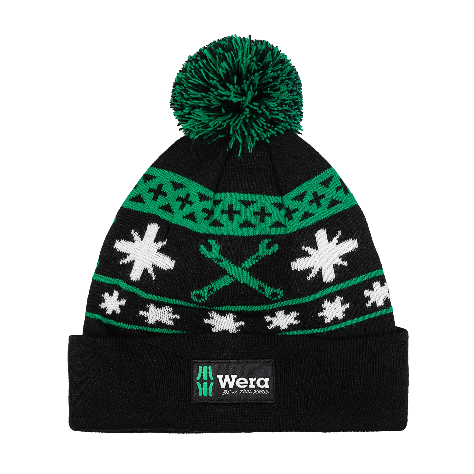 Wera Tool Rebel Shop Bommelmütze in Schwarz-Grün mit Werkzeug und Schneeflockenmuster Vorderansicht