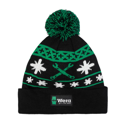 Wera Tool Rebel Shop Bommelmütze in Schwarz-Grün mit Werkzeug und Schneeflockenmuster Vorderansicht