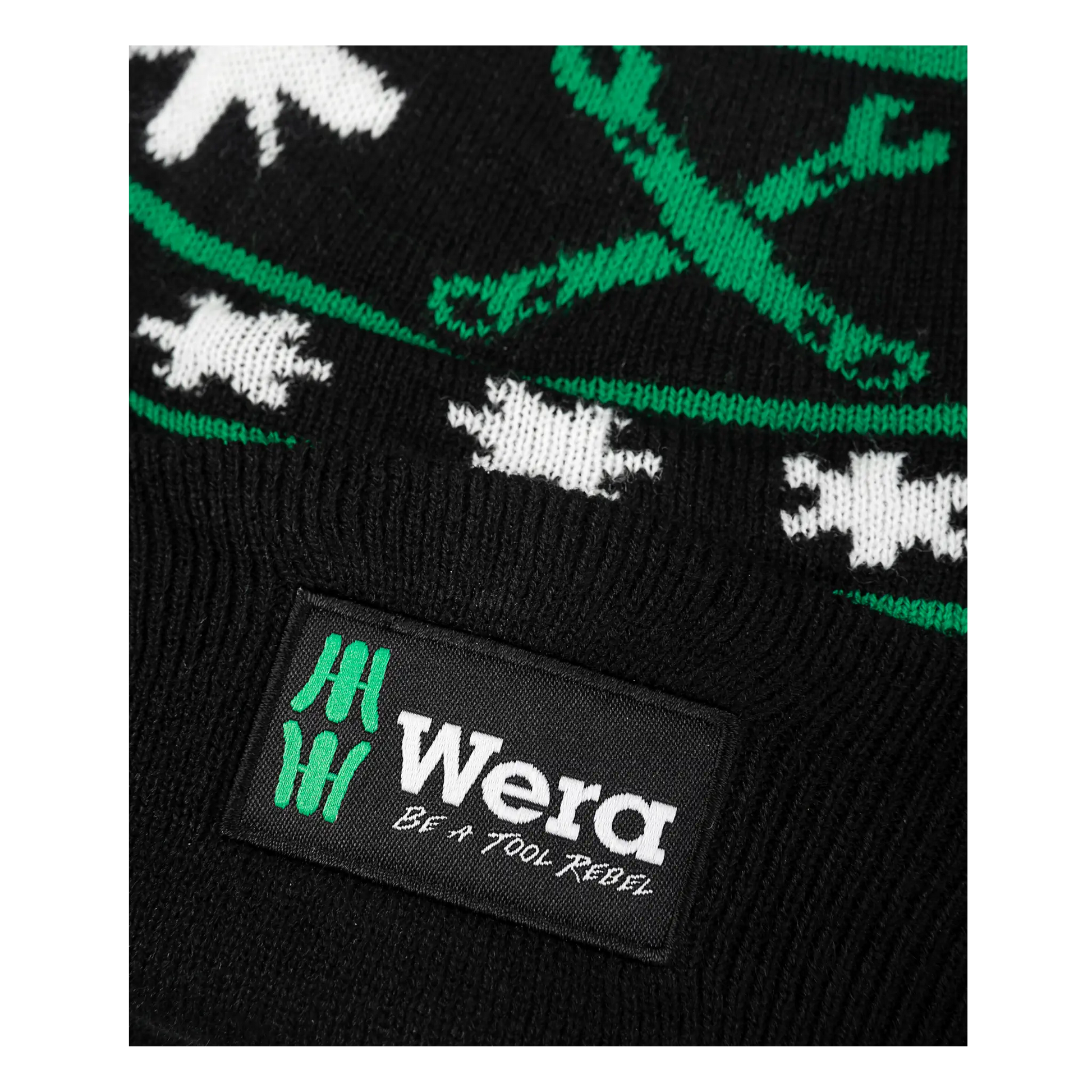 Wera Tool Rebel Shop Bommelmütze mit Wera Logo und gestricktem Werkzeugmuster Detailaufnahme