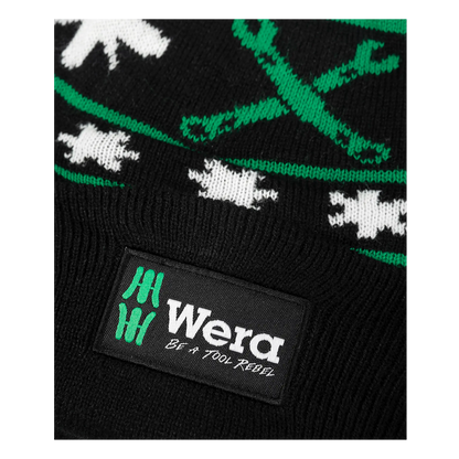 Wera Tool Rebel Shop Bommelmütze mit Wera Logo und gestricktem Werkzeugmuster Detailaufnahme