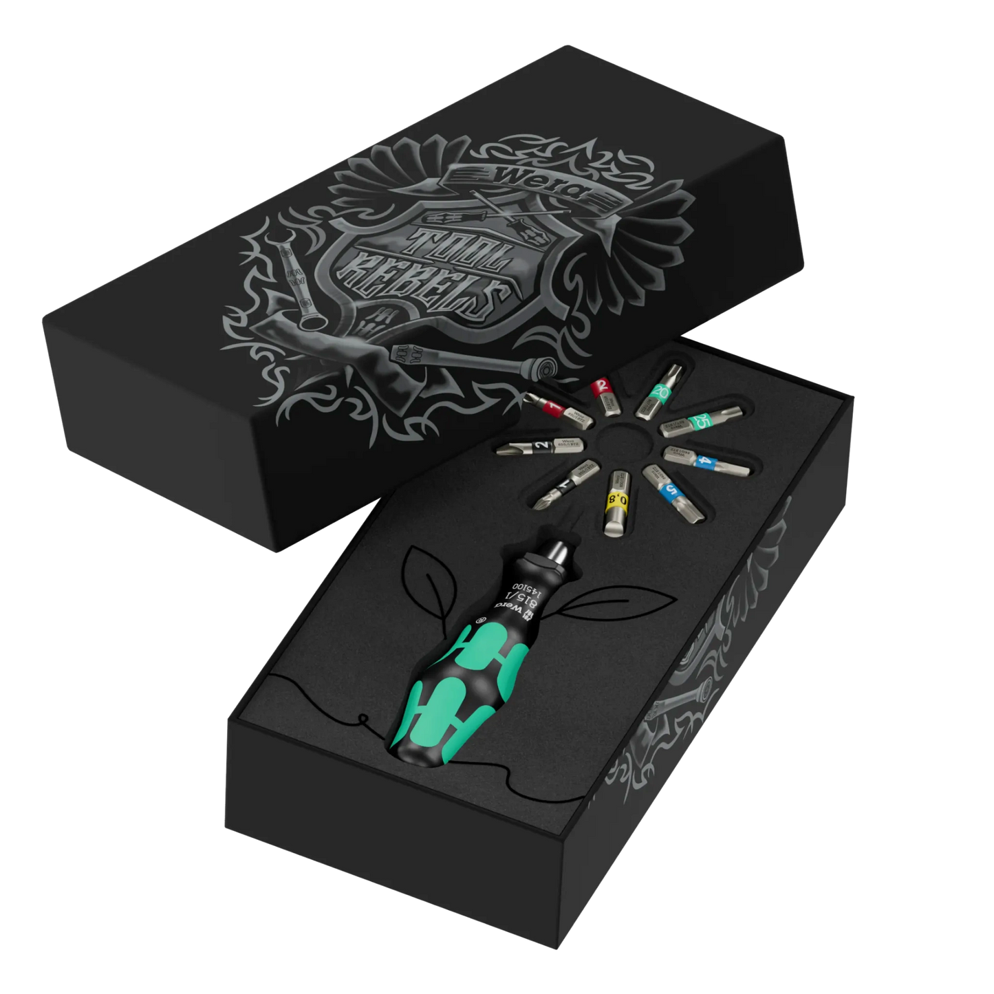 Wera Tool Rebel Shop Geschenk Set Blume Verpackung geöffnet mit in einer Blume angeordnetem Werkzeug