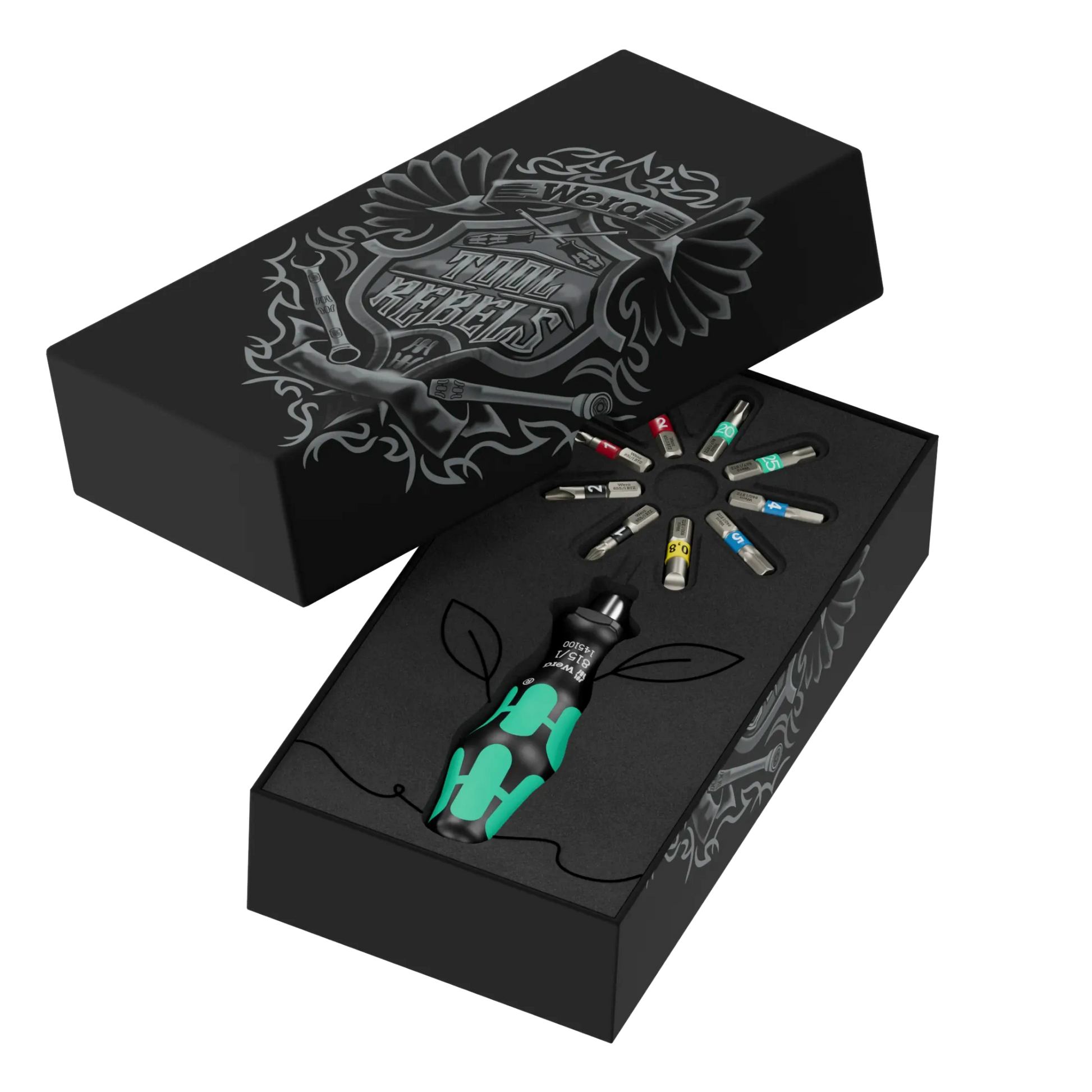Wera Tool Rebel Shop Geschenk Set Blume Verpackung geöffnet mit in einer Blume angeordnetem Werkzeug