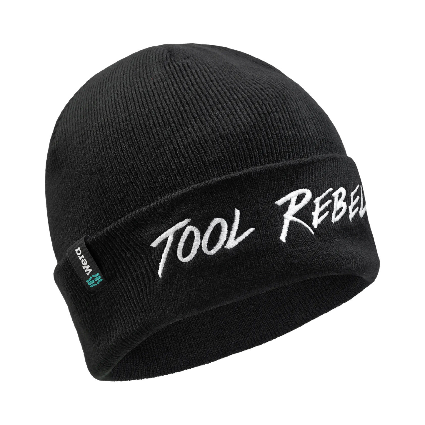 Wera Tool Rebel Shop Schwarze Beanie Mütze mit weiß gesticktem Tool Rebel Schriftzug Schrägansicht