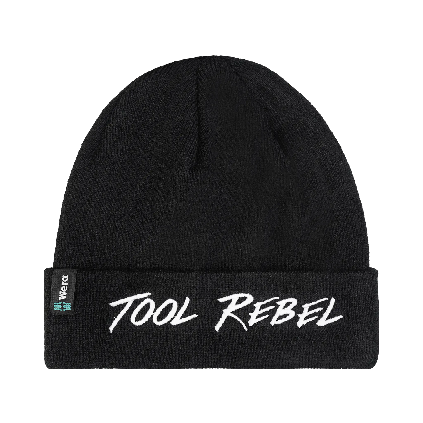  Wera Tool Rebel Shop Schwarze Beanie Mütze mit mit Wera Logo-Label und gesticktem Schriftzug Vorderansicht