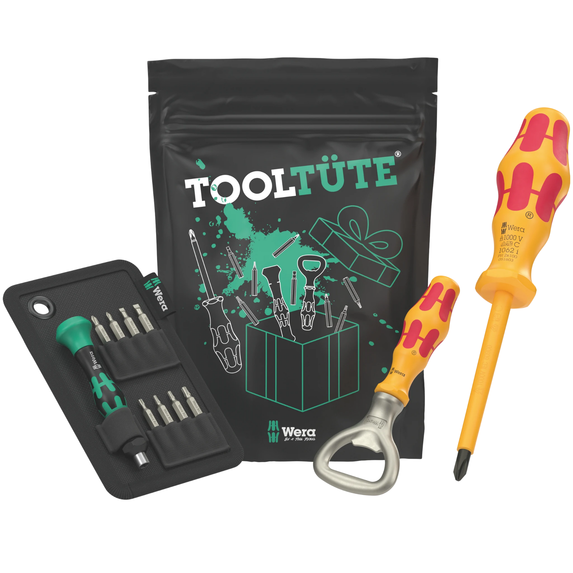 Wera Tool Tüte 4.0 mit Bit-Set, Flaschenöffner und VDE Schraubendreher