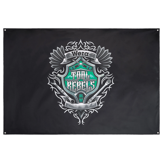 Wera Werkstattbanner mit großem Tool Rebels Wappen auf schwarzem Hintergrund 